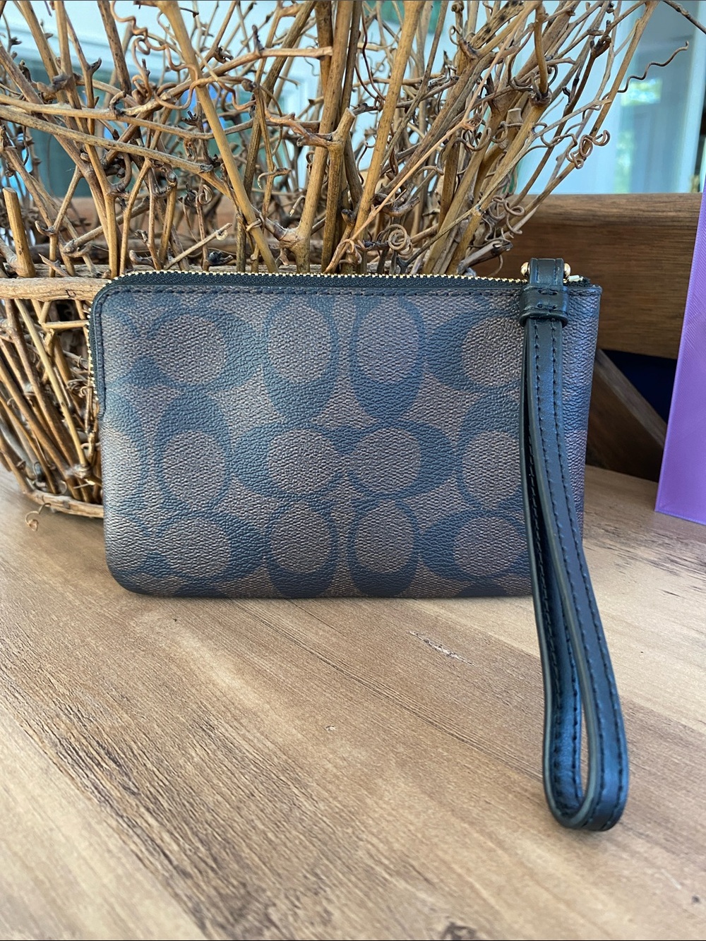Coach Brown Monogram Zip Wristlet with Black Stripe - Picture 2 of 3